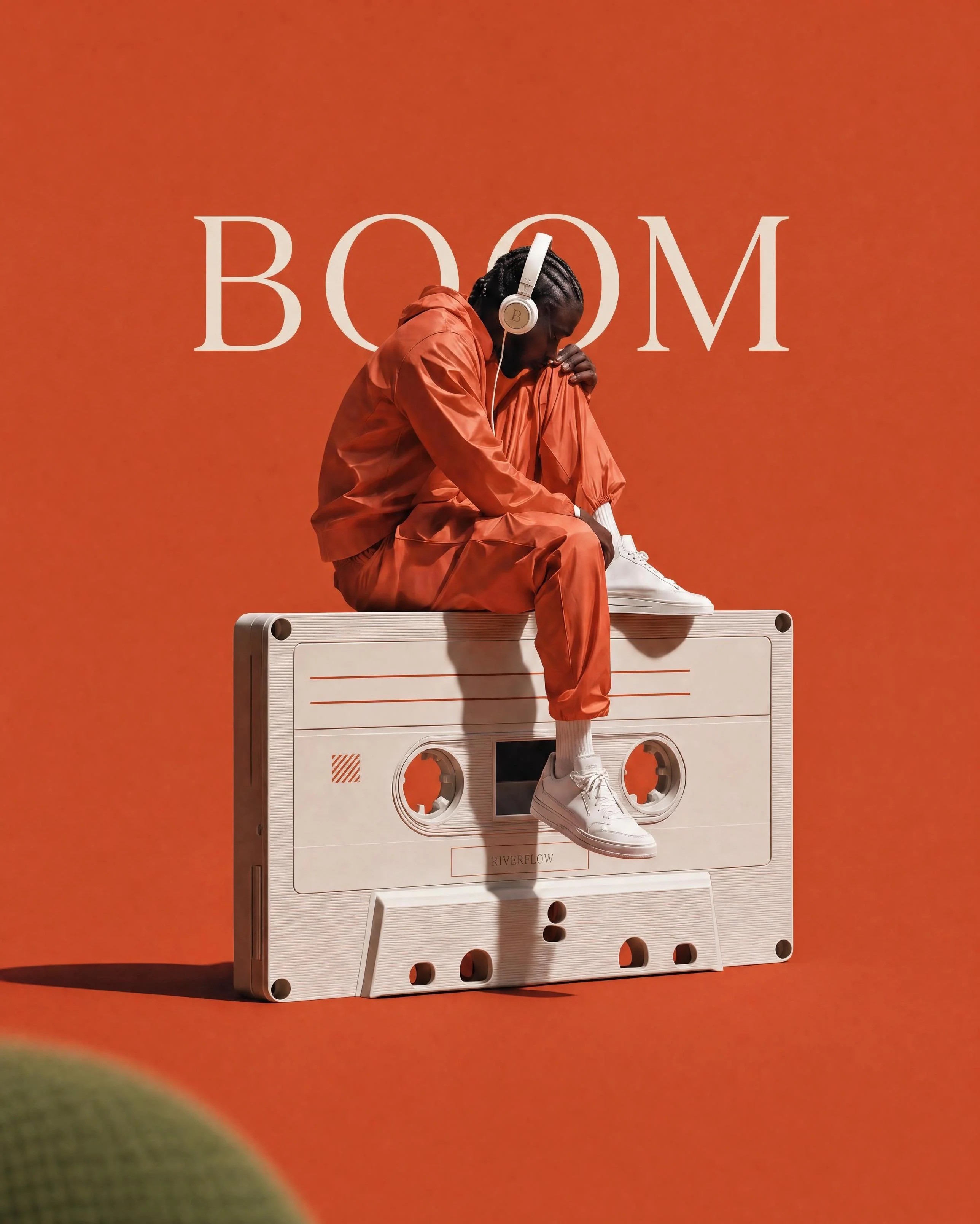 Young man wearing BOOM headphones while seated on a giant cream cassette