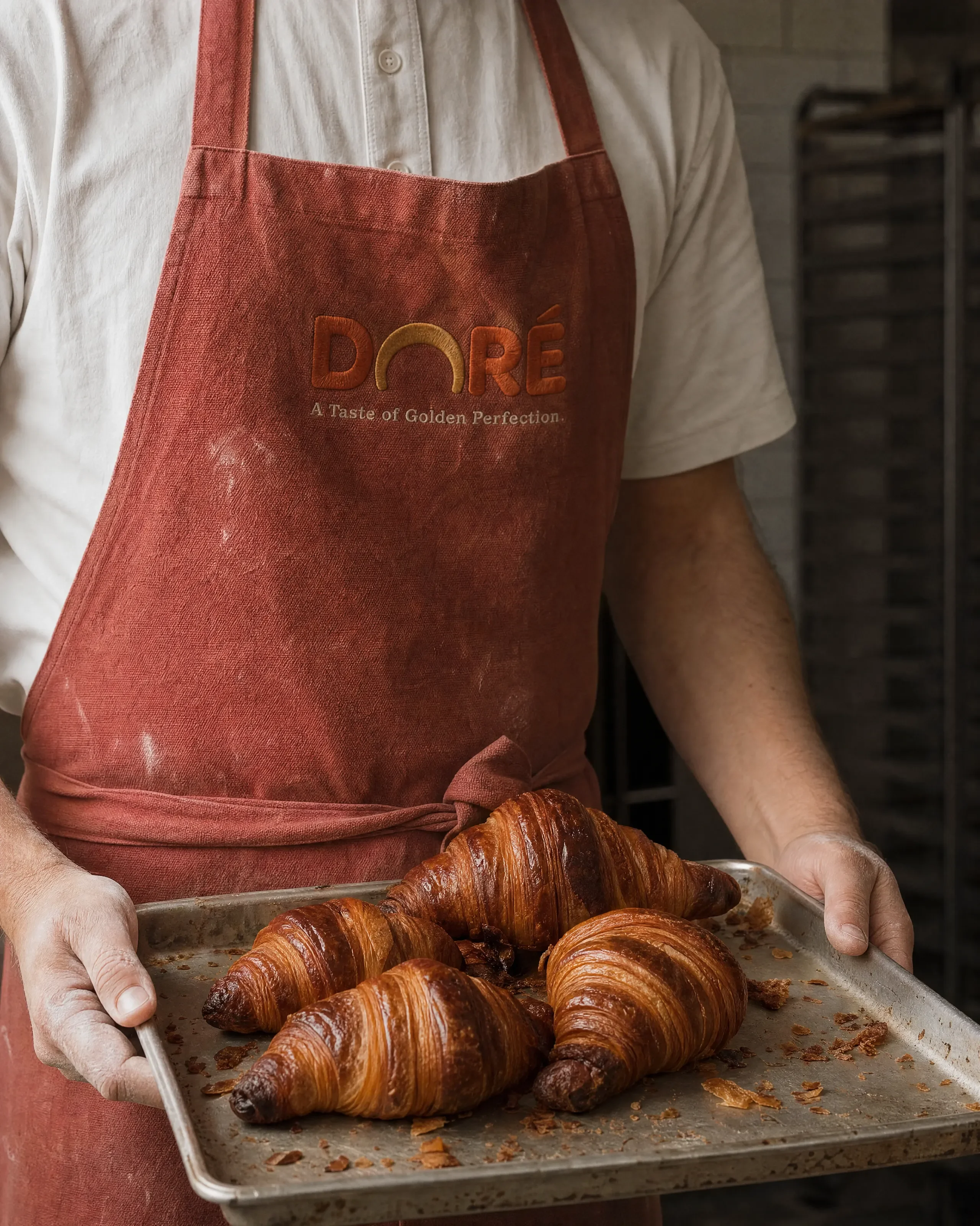 DORÉ: The Tray — Cover — embroidered apron, a sheet pan straight out of the oven