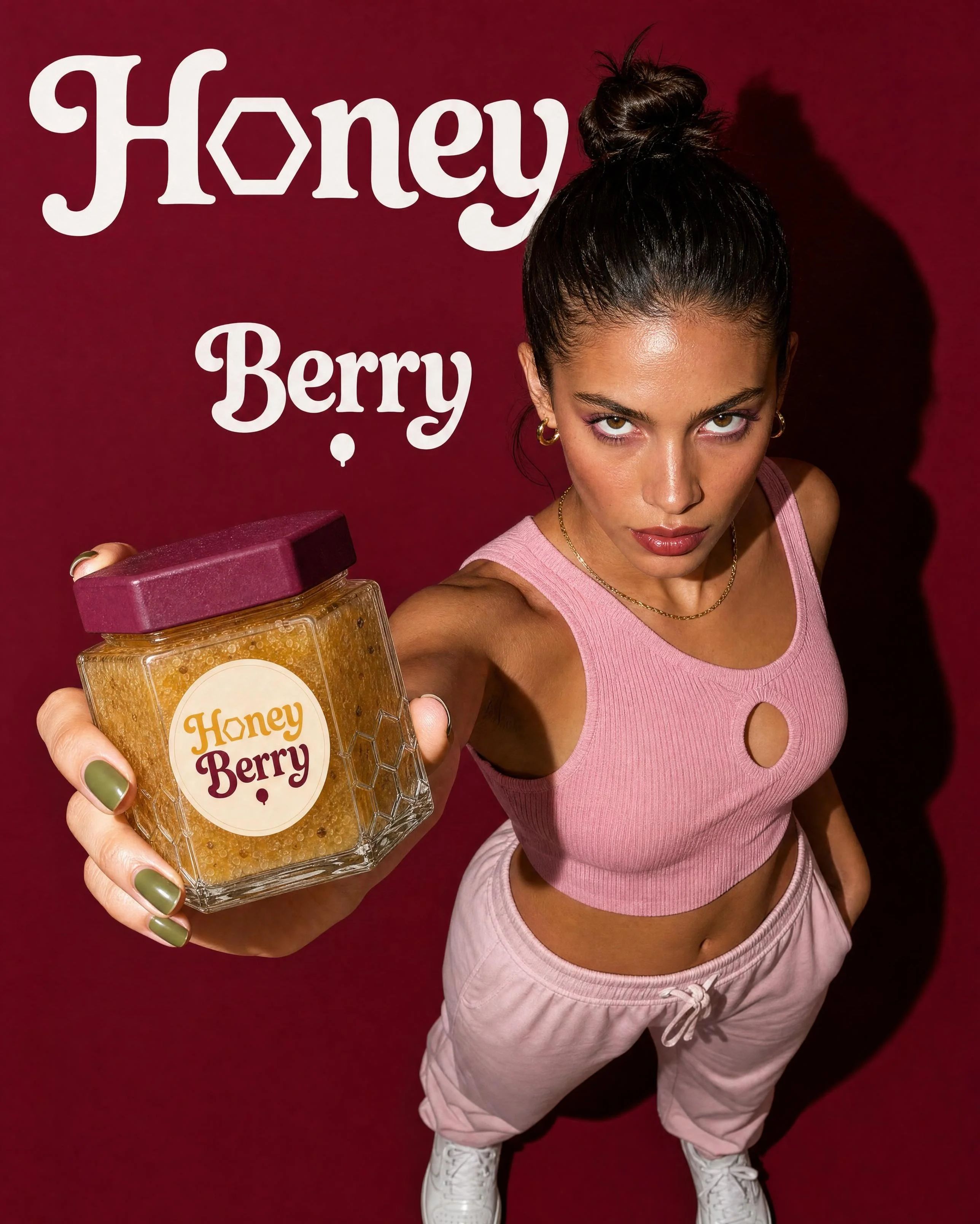 Honey Berry product hero with a large wordmark backdrop