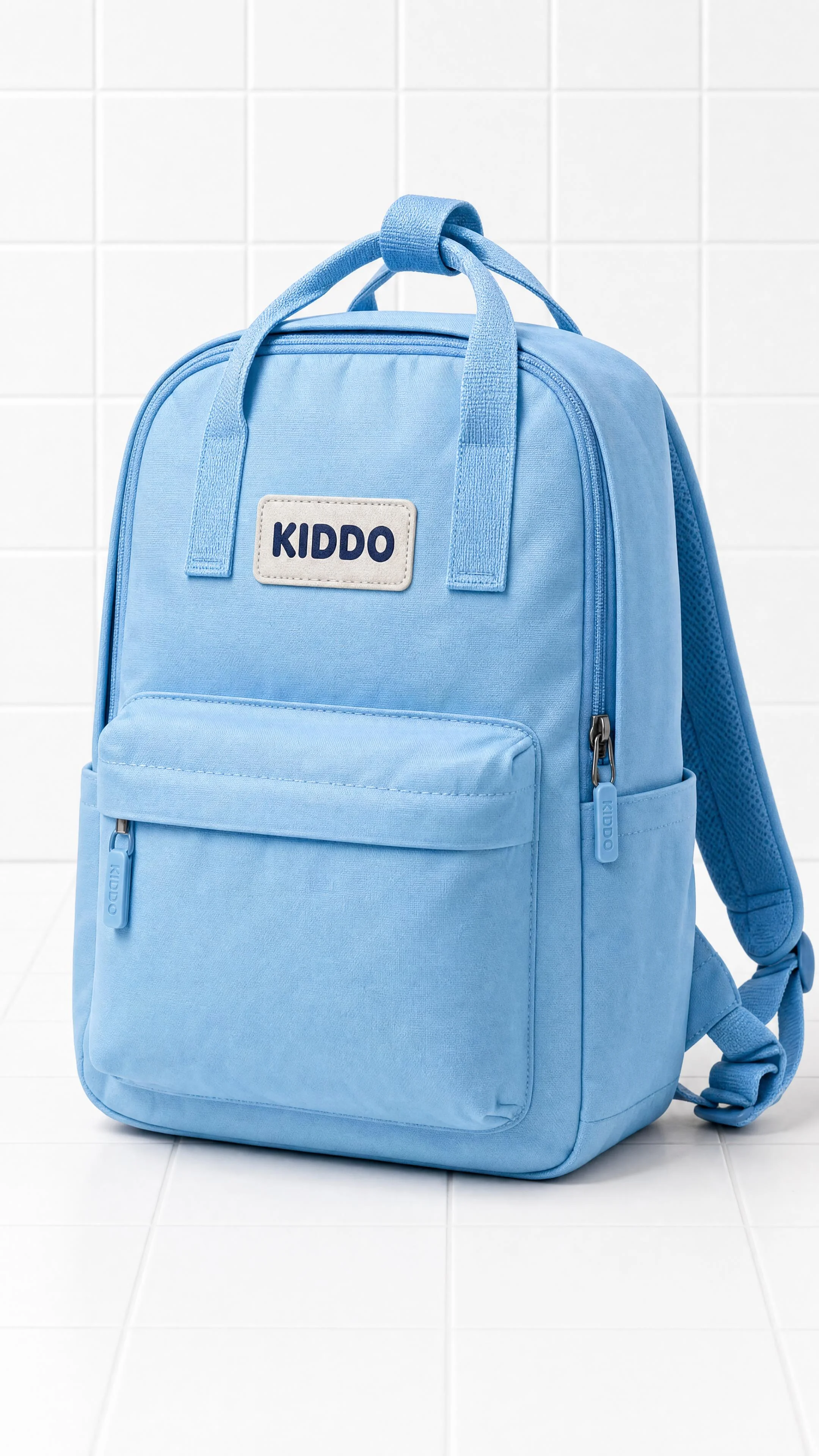 Sky-blue KIDDO backpack photographed as a crisp studio campaign hero