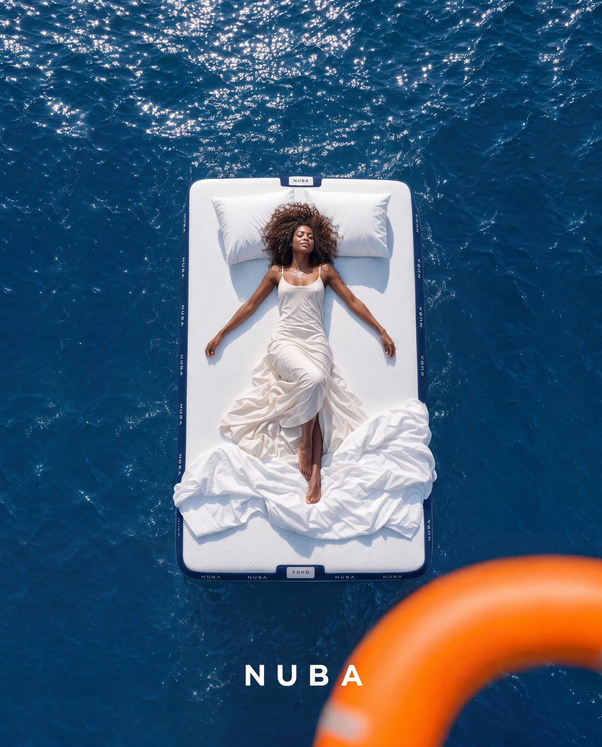 NUBA mattress floating on the open sea with a model resting on it