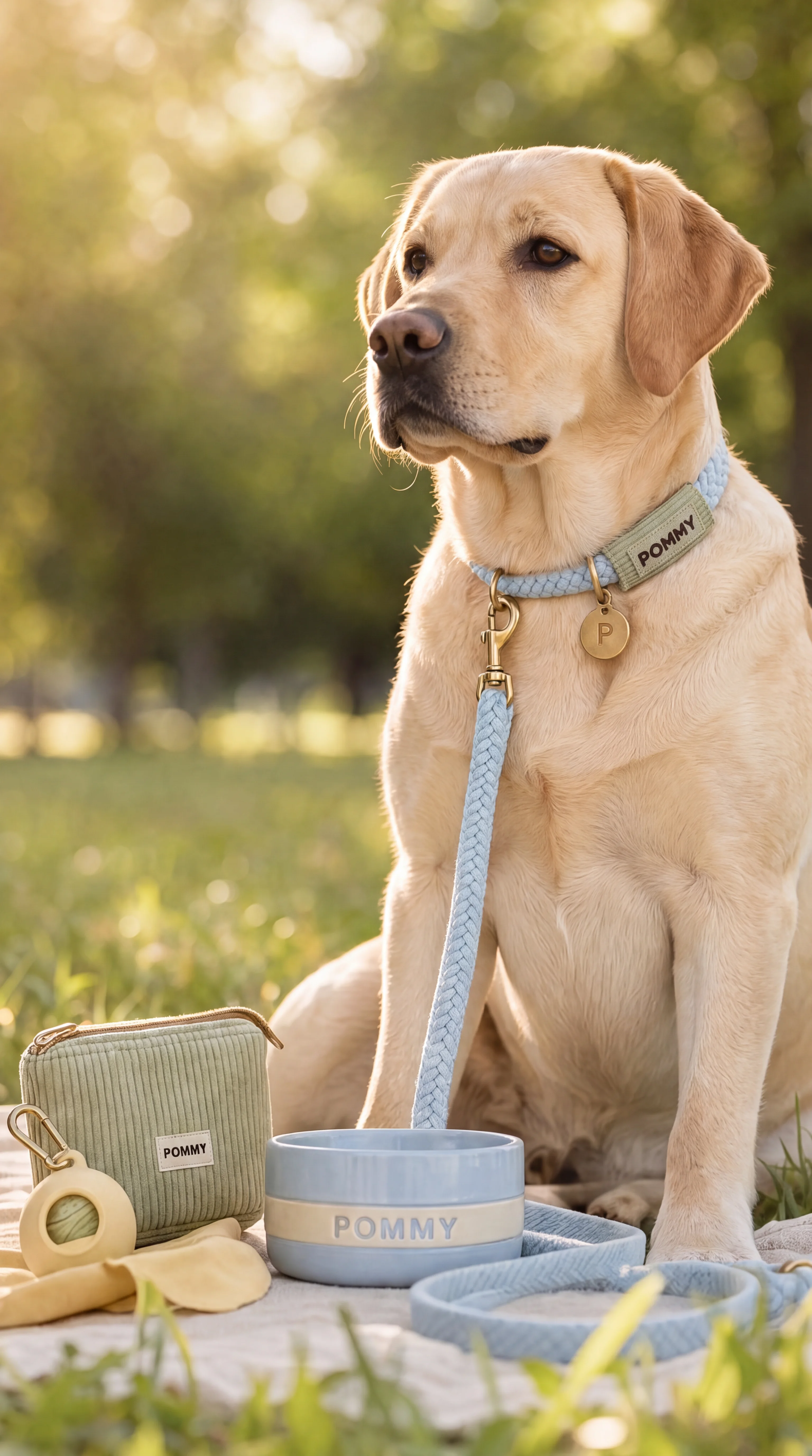 Yellow Labrador wearing a sky-blue POMMY rope collar and leash at golden hour