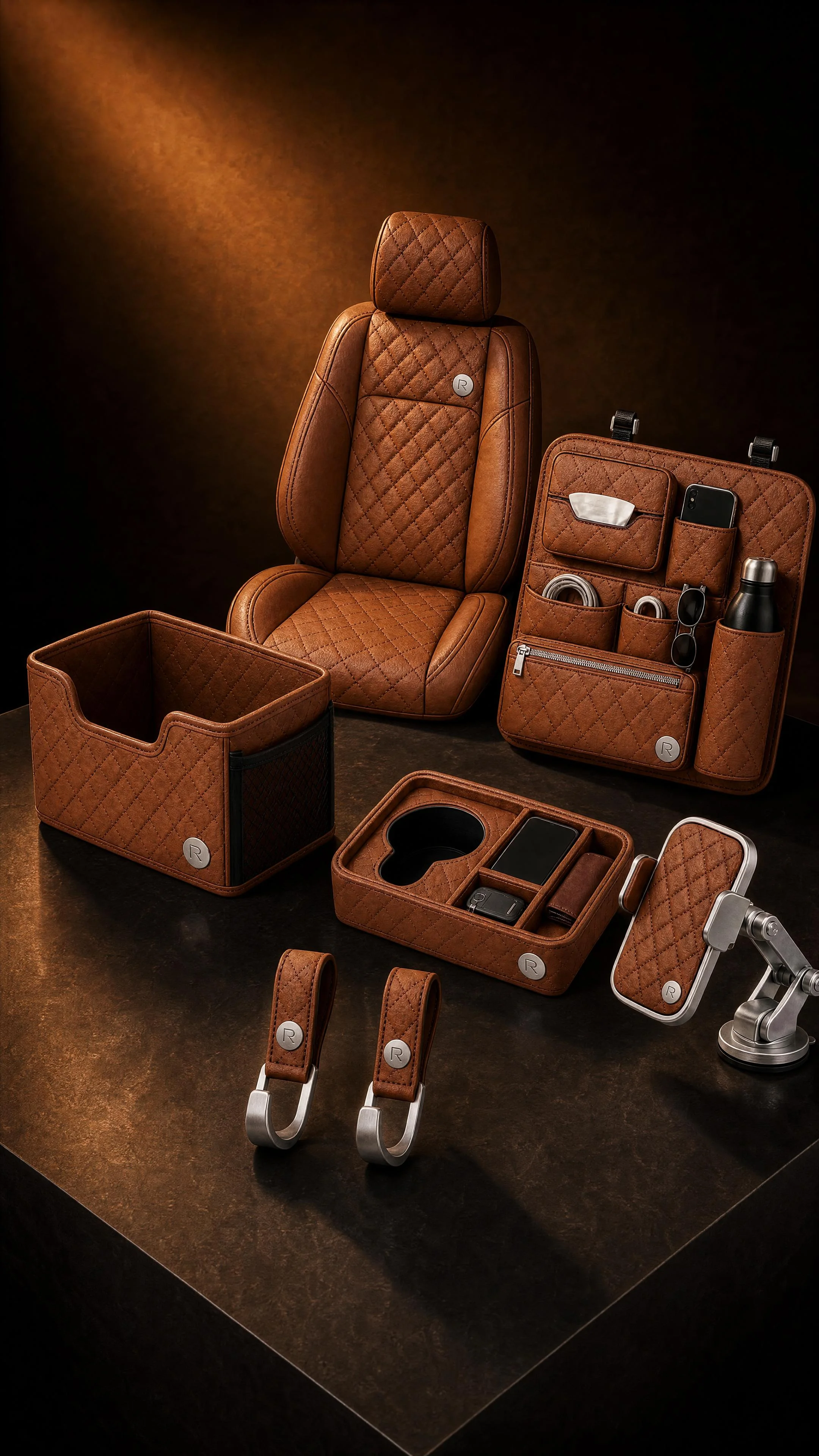 ROTA automotive accessory collection in a cinematic cognac studio scene