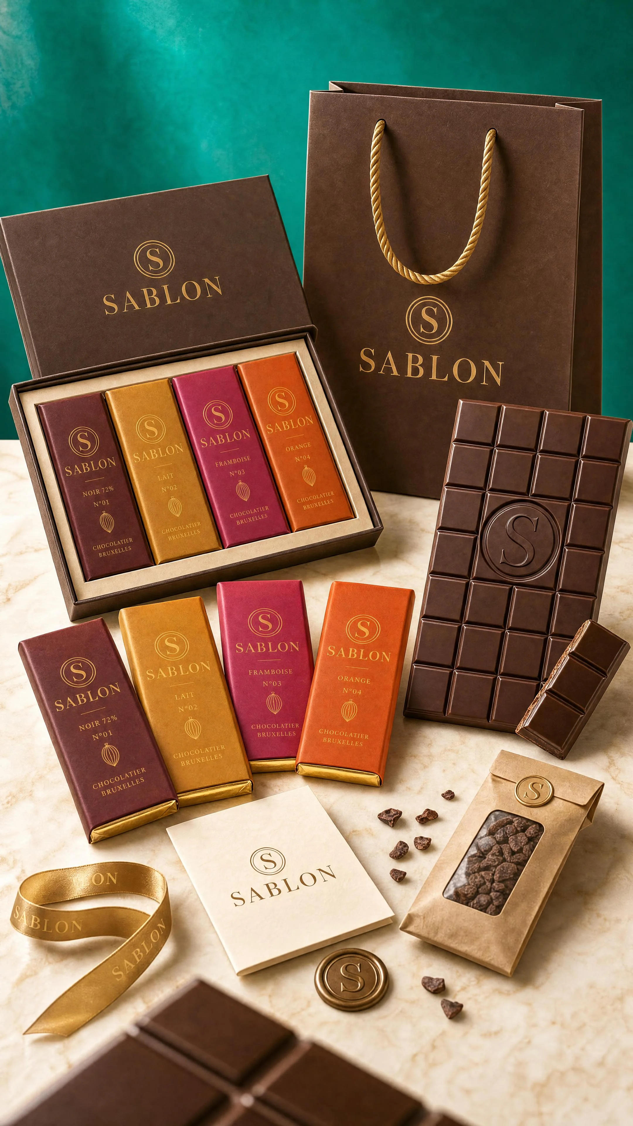 SABLON chocolate bars, coffret, and carrier bag in a luminous emerald still life