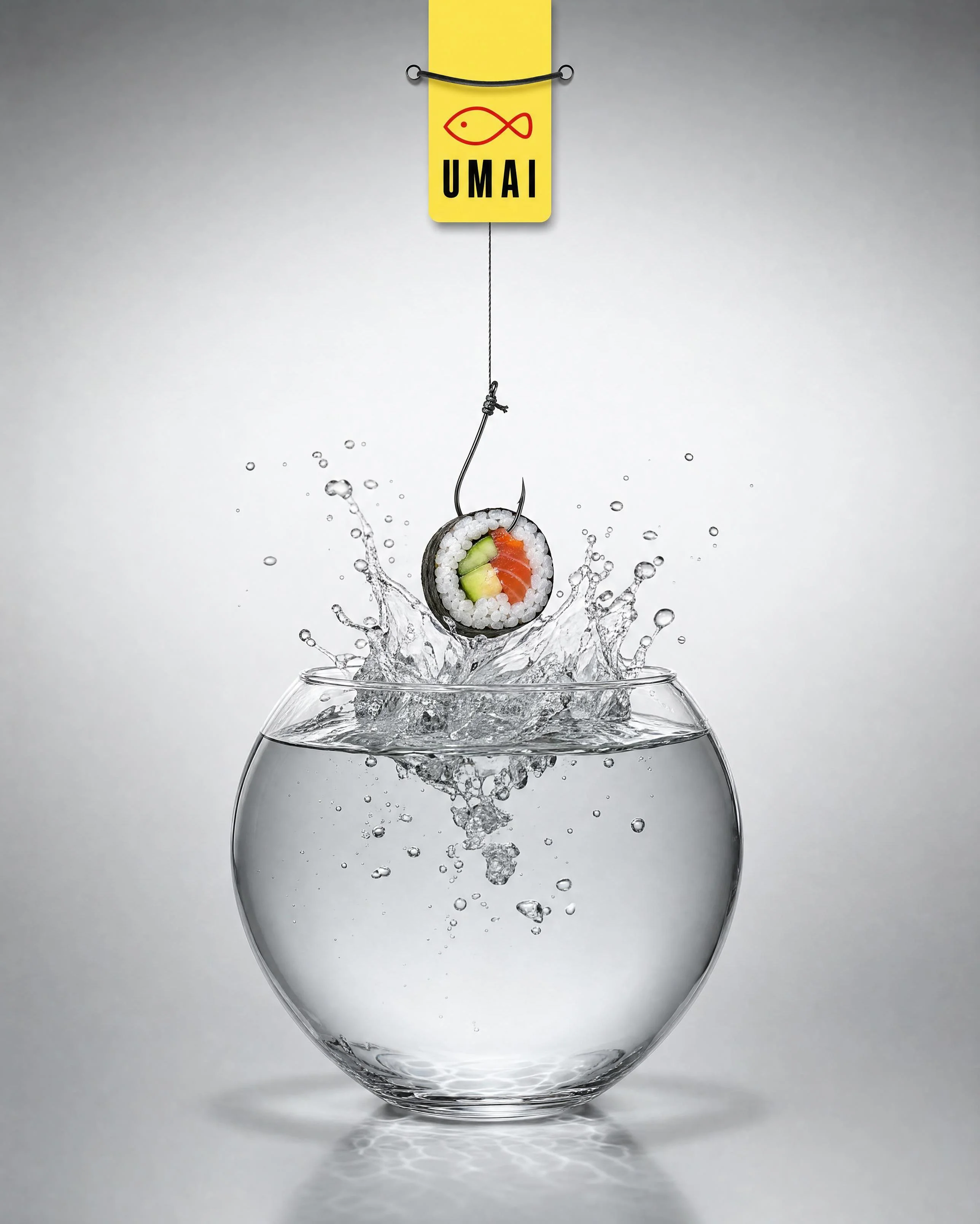 UMAI maki roll suspended above a splashing fishbowl