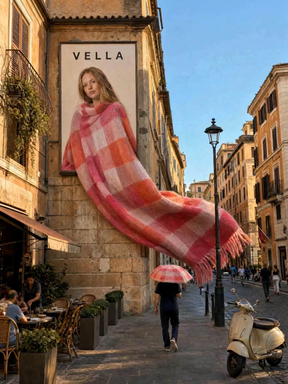 Giant VELLA FRESA cape spilling from a Rome billboard into the street