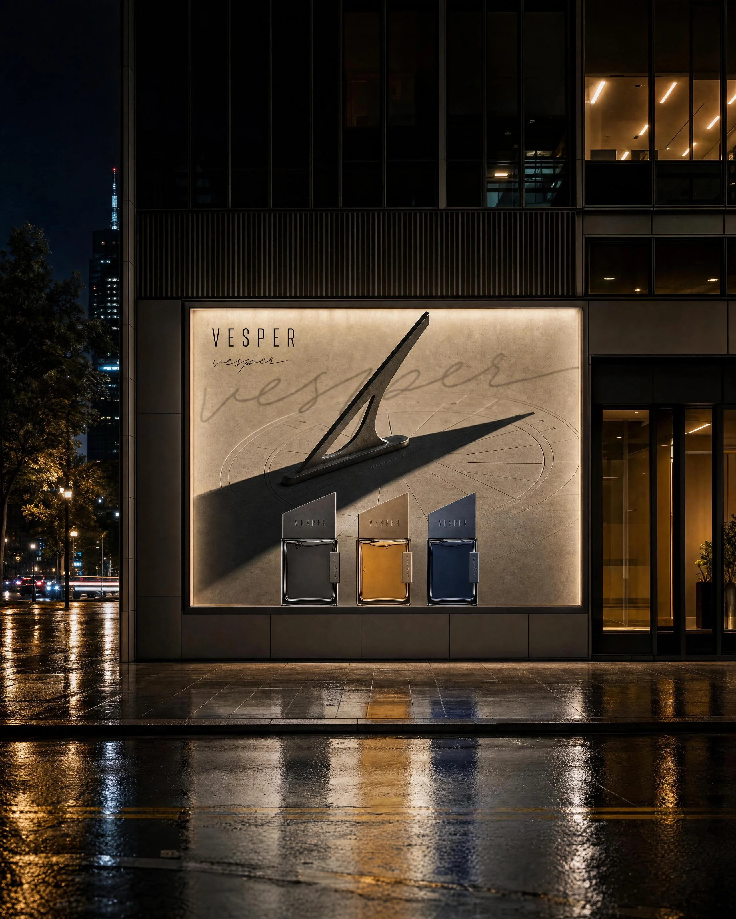 VESPER: The Billboard — Nocturnal storefront hero — start frame for the motion piece