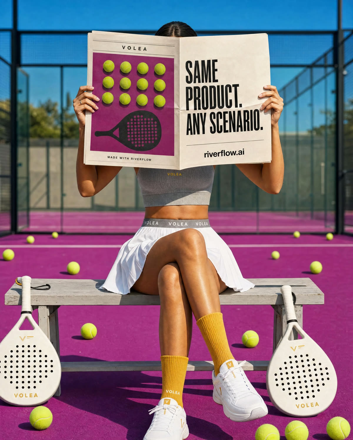 VOLEA player seated on a magenta padel court holding a campaign newspaper