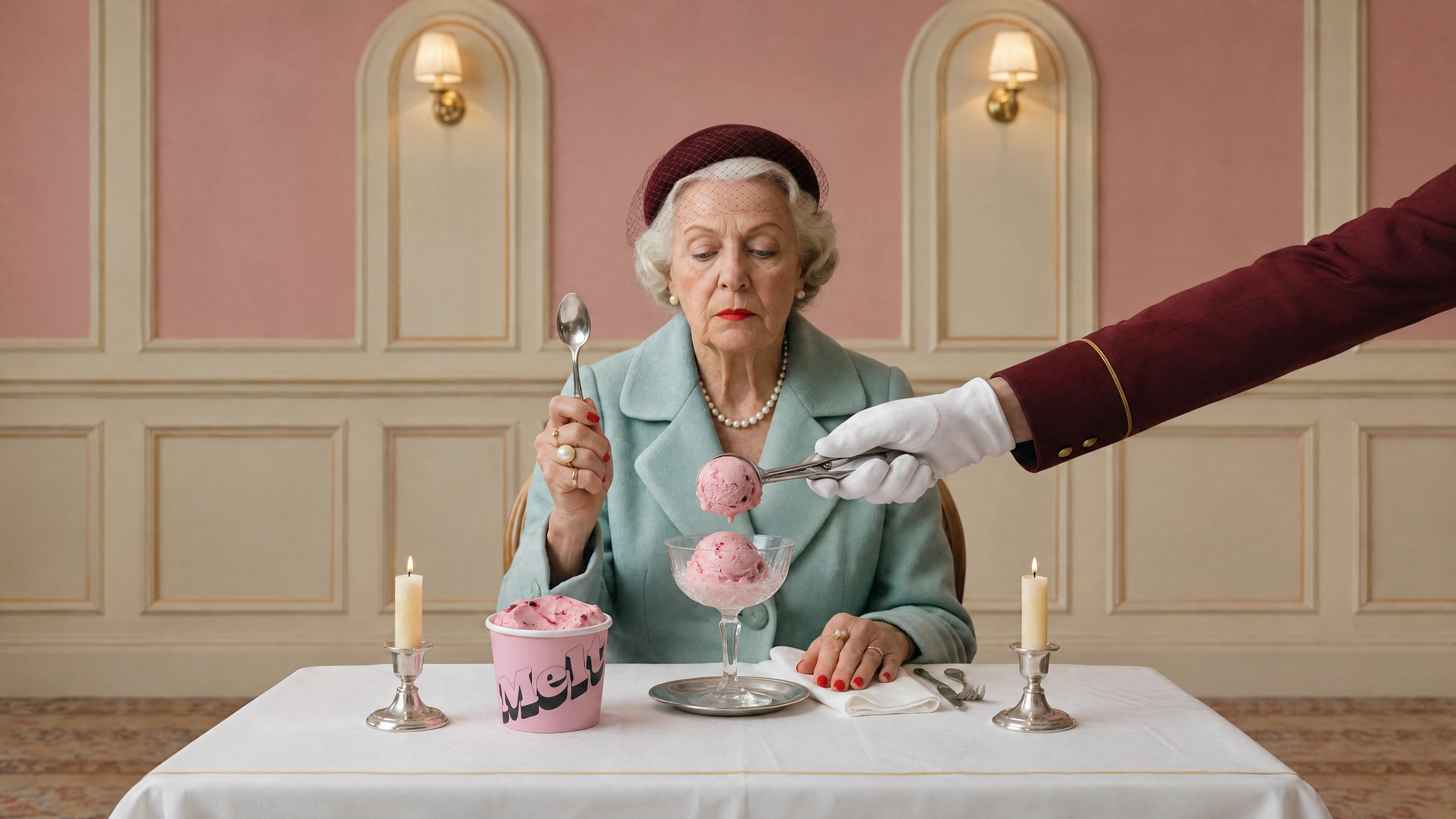 Melt ice cream served at an elegant pink dining table. The view opens from the ice cream tub to the complete portrait and a room expanded with Riverflow 2.6 Pro.