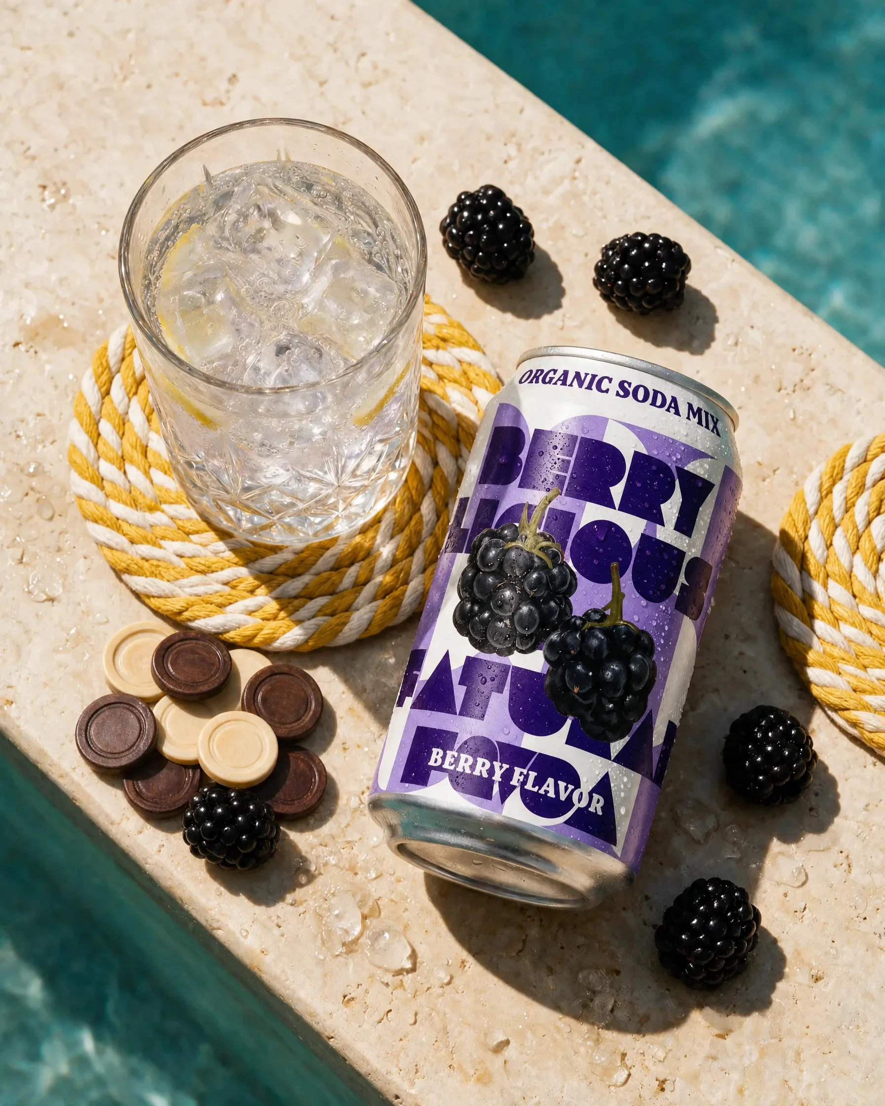 Mixed berry photoshoot: can and glass on a picnic table