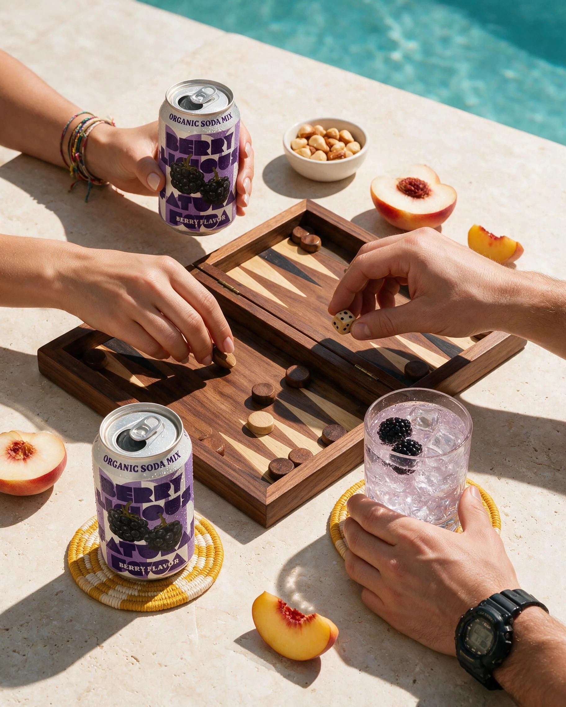 Mixed berry photoshoot: can beside a board game