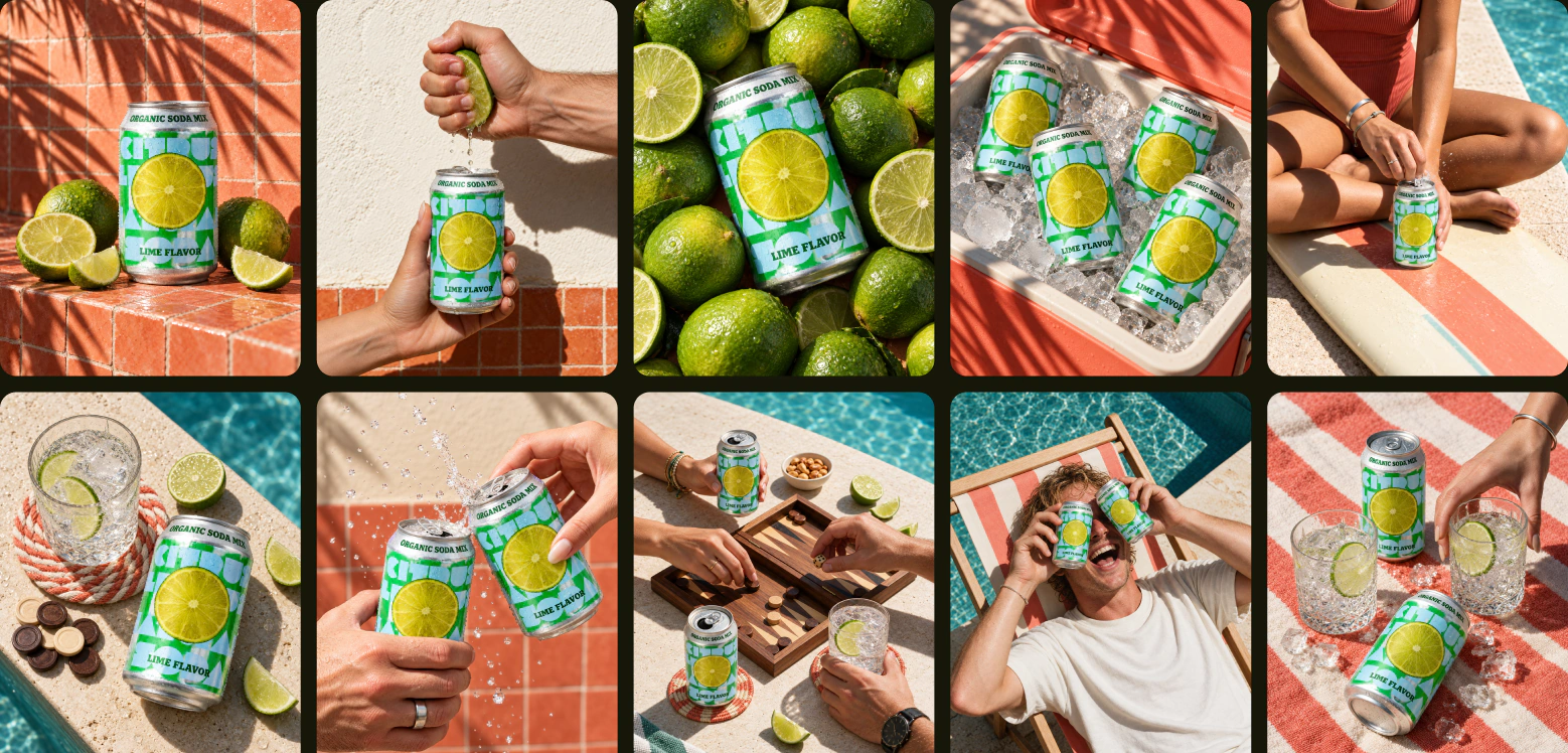 A coordinated lime soda summer campaign with ten poolside product and lifestyle images
