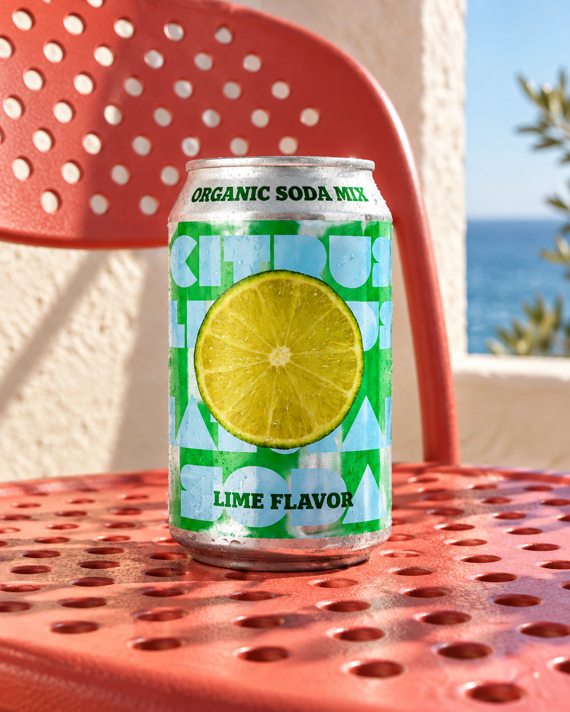 Lime flavour reference: can on a red outdoor cafe table
