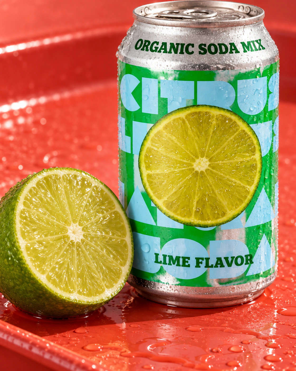 Lime flavour reference: can and cut lime on a red table