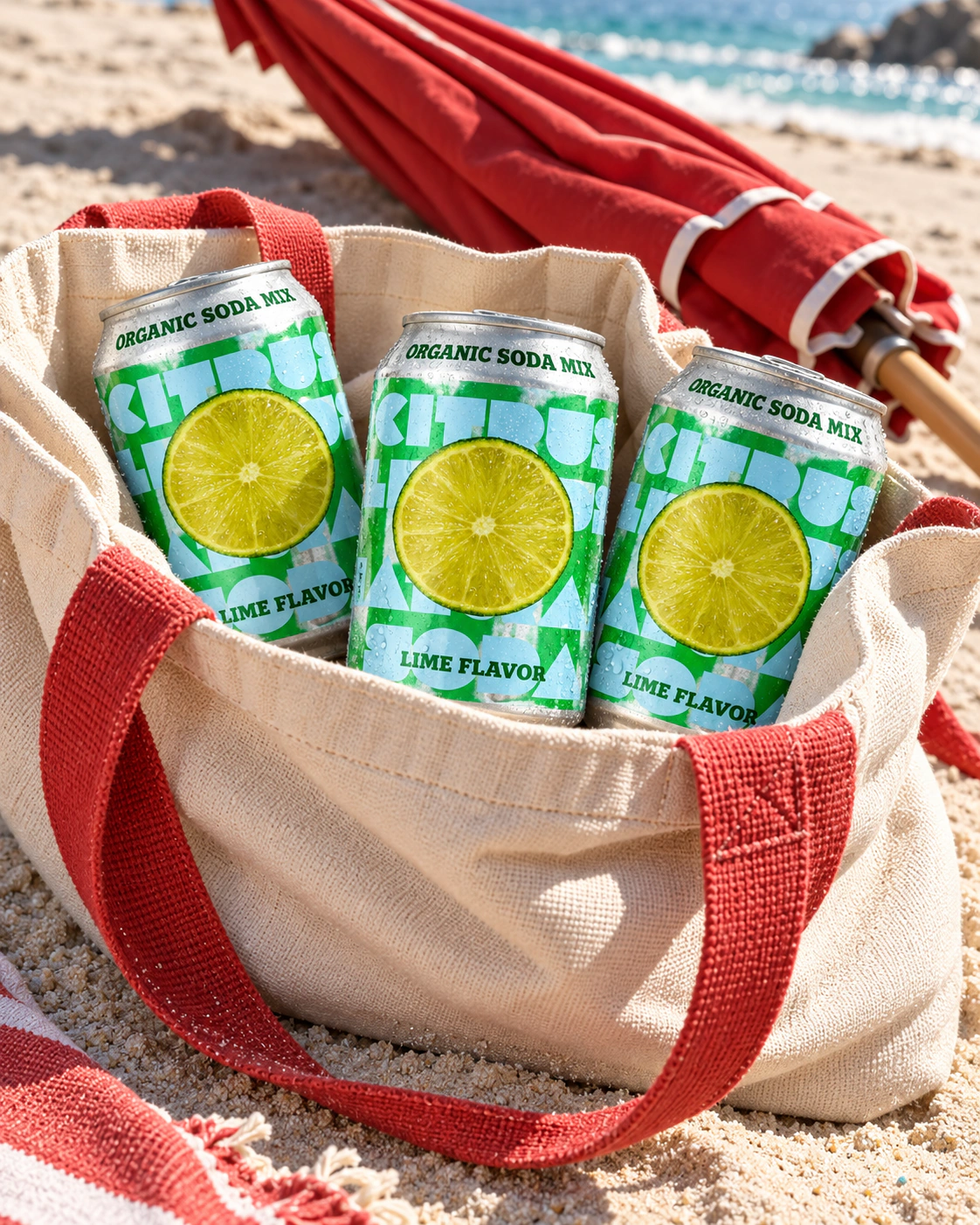 Lime flavour reference: cans in a beach tote