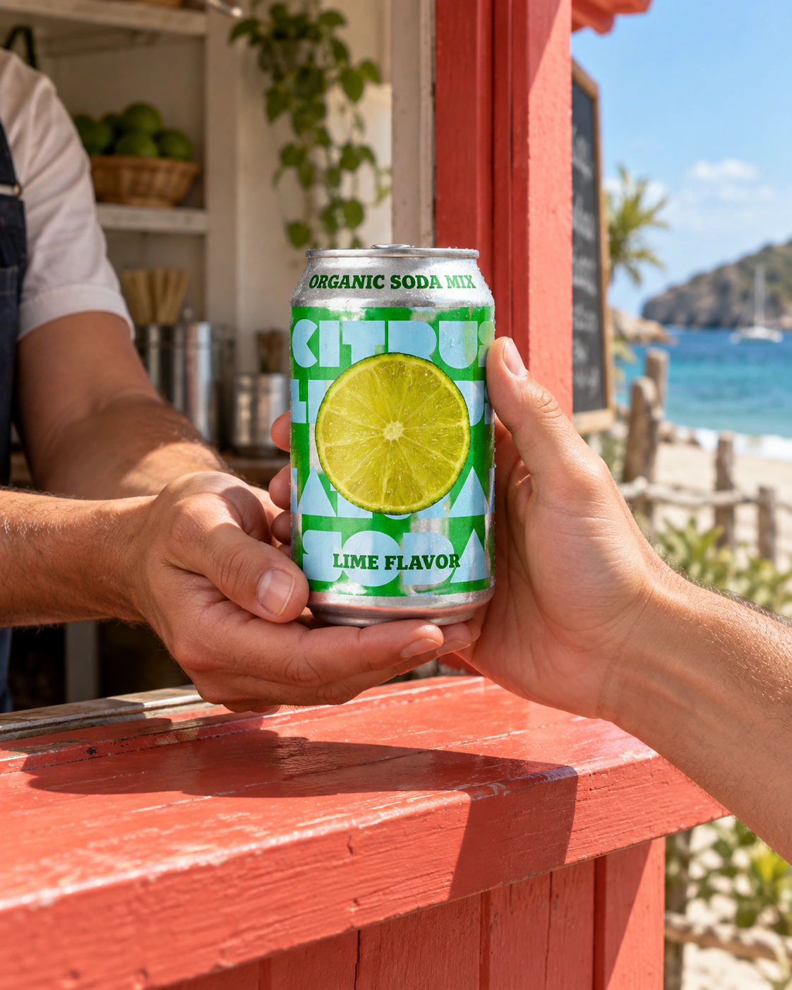 Lime flavour reference: can held over a red cafe table