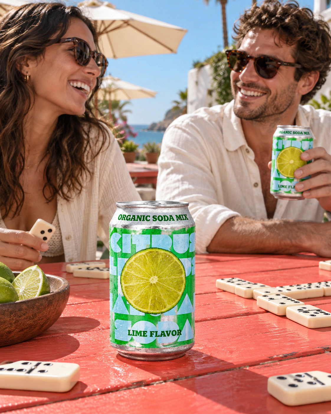 Lime flavour reference: friends with lime soda at an outdoor table