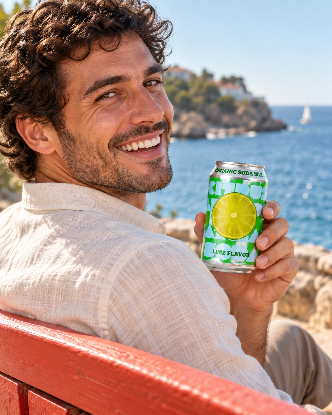 Lime flavour reference: man holding a can at a cafe