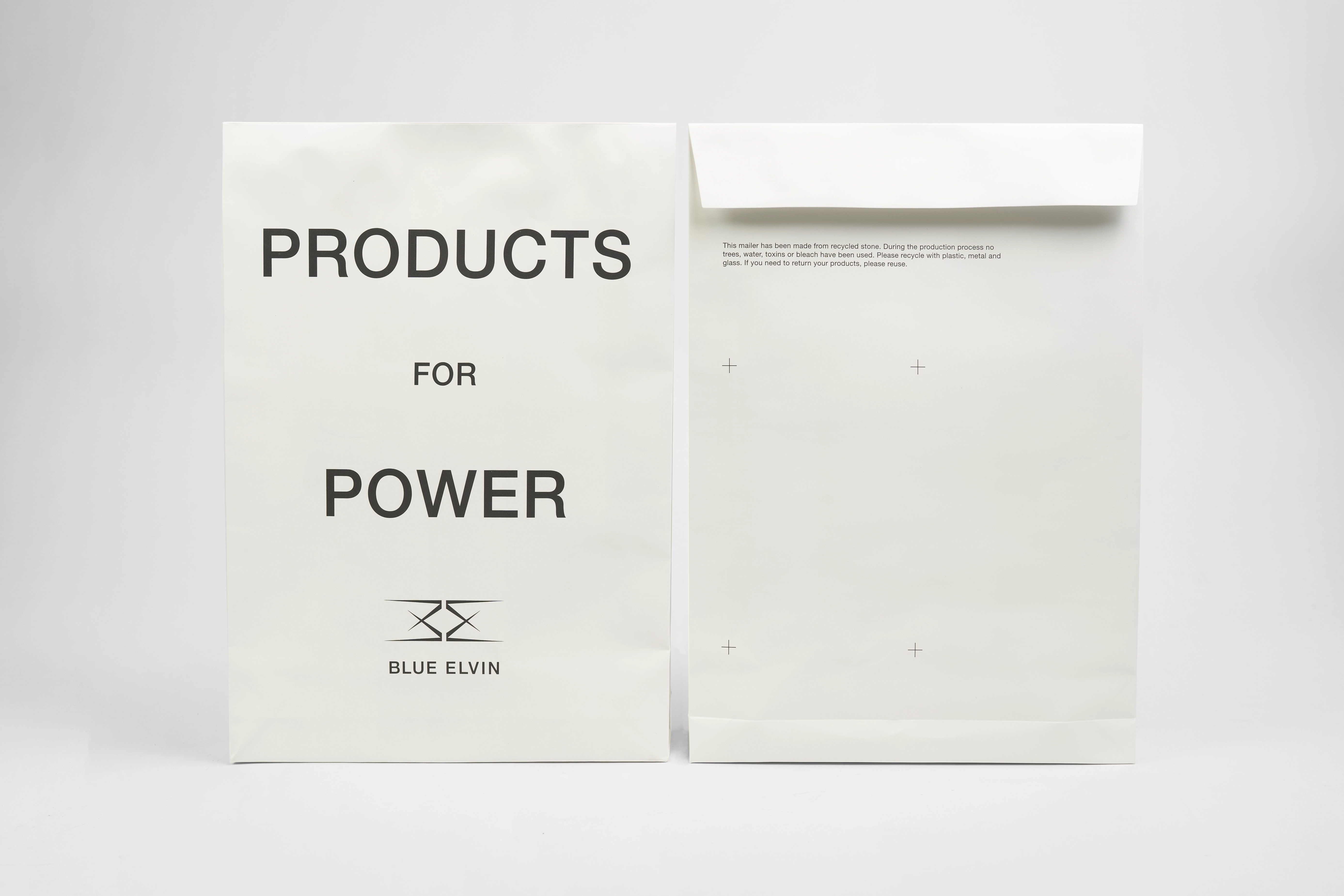 Stone paper mailer bag for clothing brand Blue Elvin, produced by Sourceful.